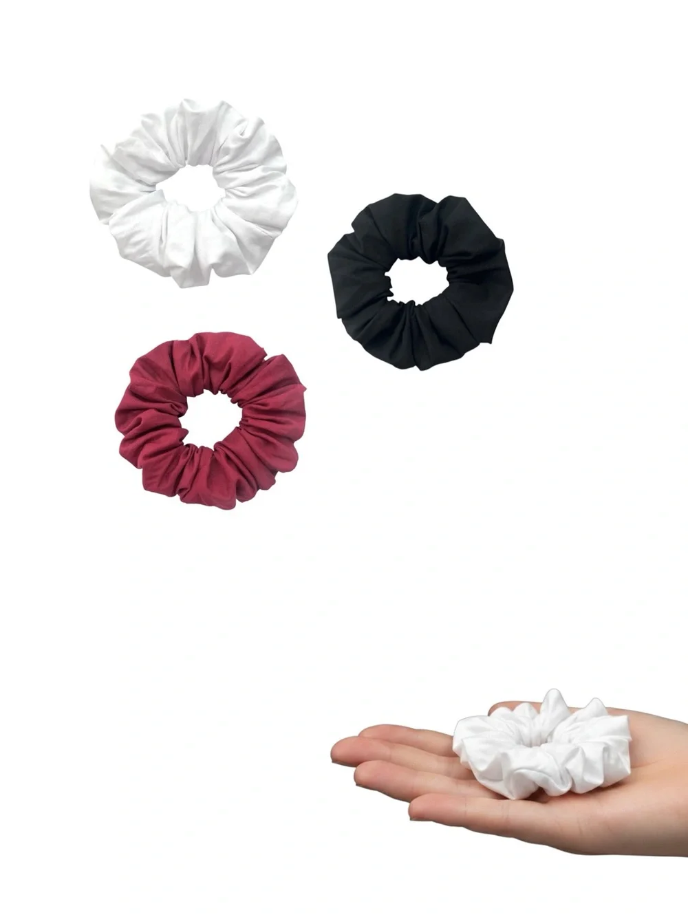 3-Pack Cotton Scrunchie Set - White, Black & Red.